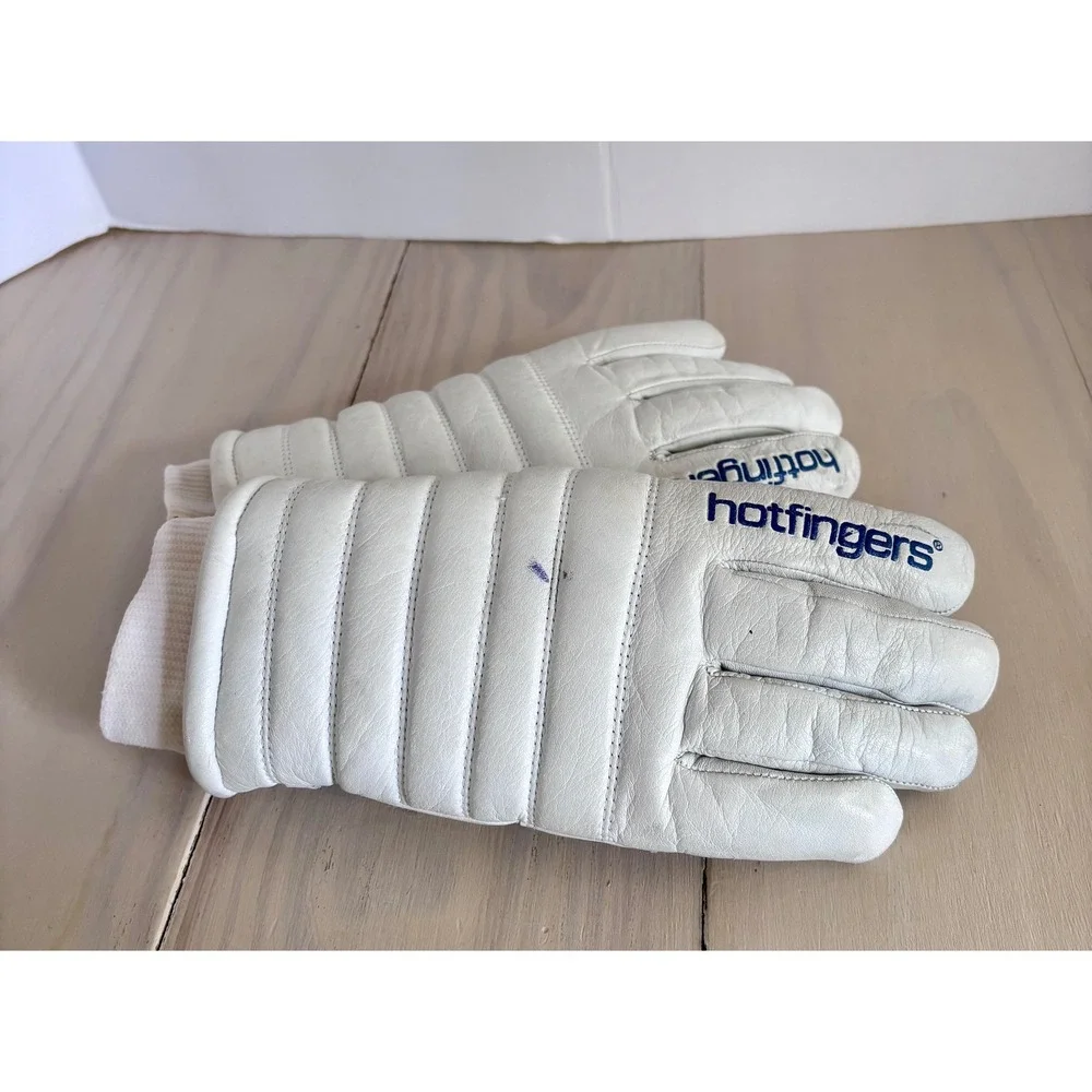 Hotfingers Vintage White Leather Quilted Ski Gloves Winter Snow Ribbed Cuff S